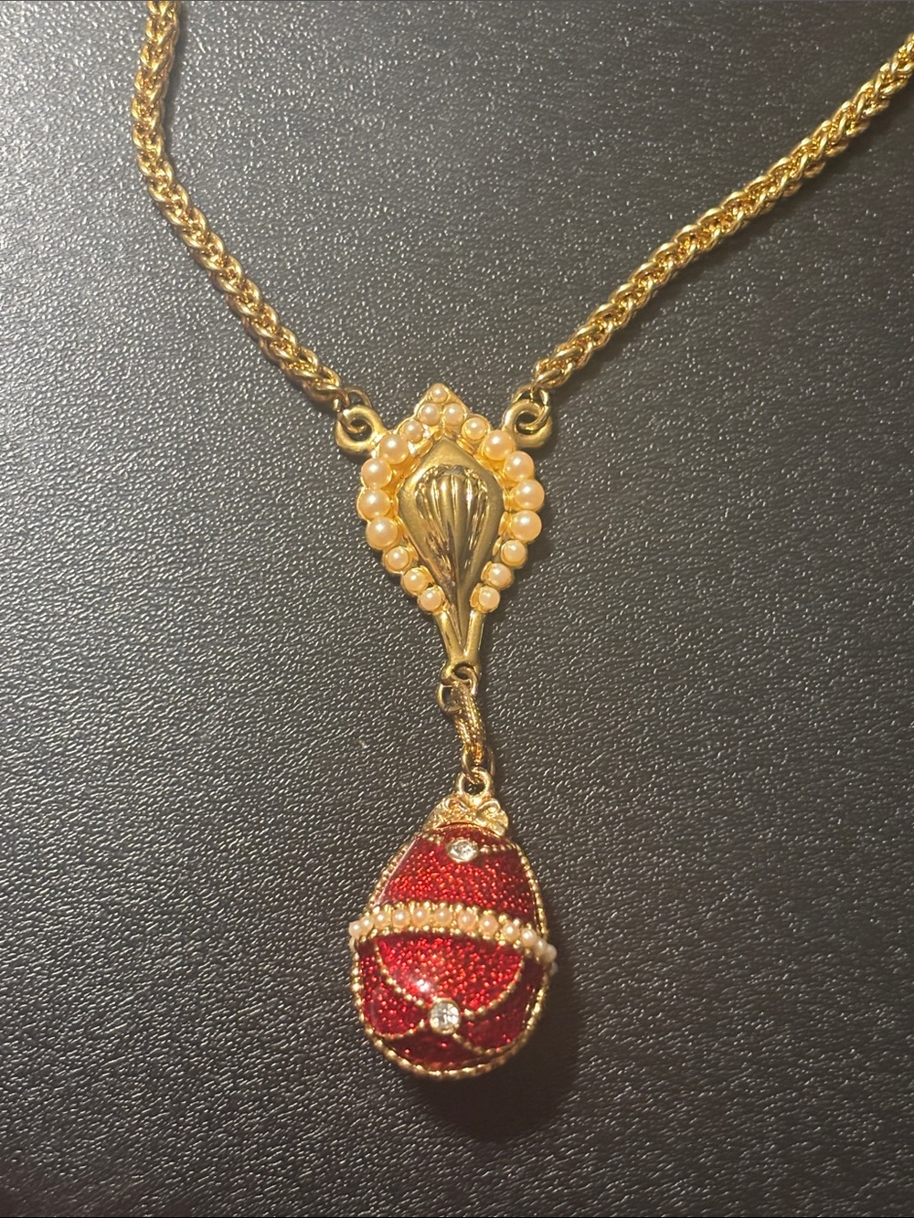 Signed Gold-Tone Red Enamel Egg Pendant‎ Necklace with Pearl Accents